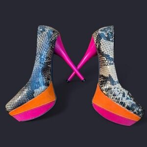 VTG Y2K Qupid Snakeskin Platform Pumps Neon Pink Orange Colorblock Stiletto Heel